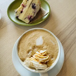 Lemon berry mascarpone cake and dulce de leche latte (hot).