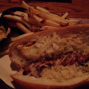 The Berliner. Bratwurst, sauerkraut and German mustard.