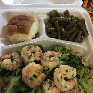 Shrimp, broccoli, rice and green beans