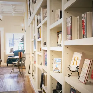 a library with bookshelves