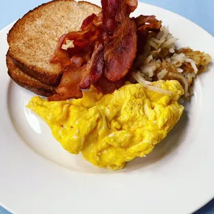 Bacon Breakfast with Eggs, Hash Brown and Toasts