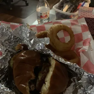 KBB burger with onion rings