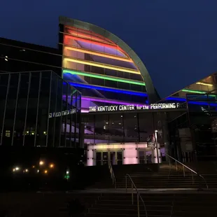 Kentucky Center Exterior with Rainbow lighting
