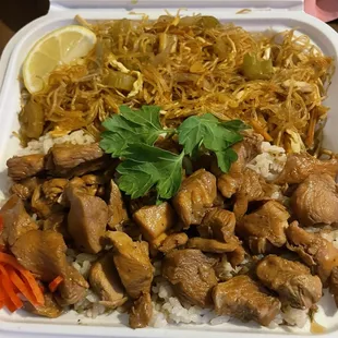 Chicken adobo with pancit