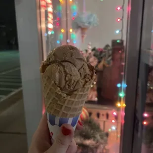 Coffee ice cream on waffle cone
