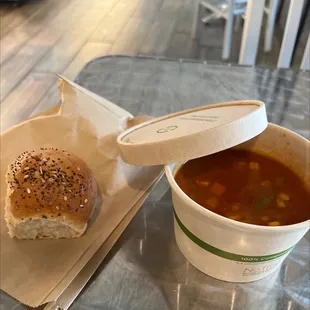 Very Vegetable Soup served with cold small roll.