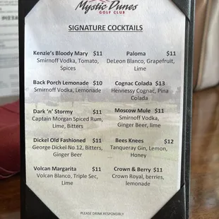 a menu for the signature cocktails