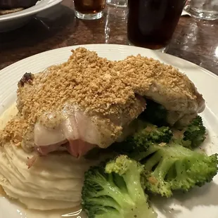 Cordon blue.... Grilled chicken with a layer of club sandwich ham topped with breadcrumbs over the cheese.... Not that great!