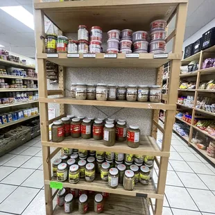 a shelf of canned food