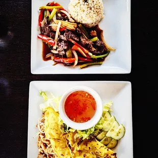 Vietnamese crepe (bánh xèo) and ginger garlic stir fry with wagyu beef.