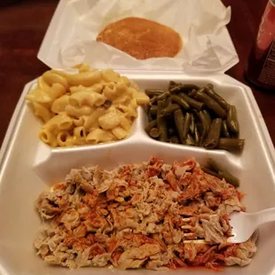 Chitterlings, mac and cheese and green beans with hotwater cornbread.
