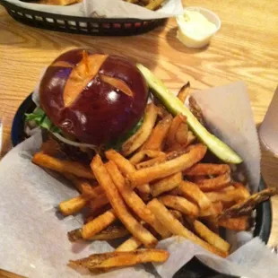 Made my own turkey burger. Comes with fries and a pickle!
