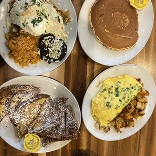 French Toast, Pancakes, Chilaquiles, Baked Potato Omelet.