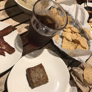 Top: Cowboy Queso (rating: 4/5), middle: iced tea, bottom: sausage (rating: 3/5)