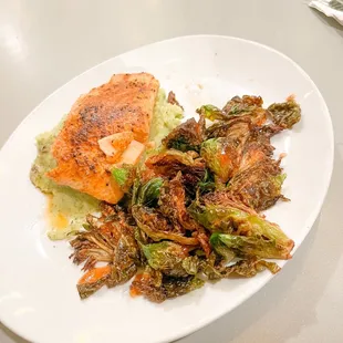 Salmon with basil mashed potatoes and tamarind glazed Brussels sprouts