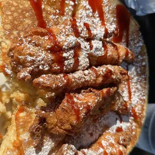 Chicken and pancakes, hot buffalo sauce syrup