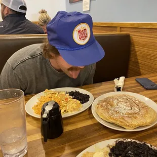 Migas and cinnamon roll pancakes.