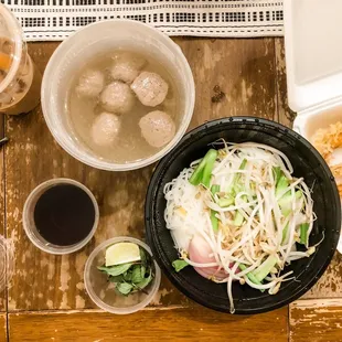 Beef Pho, shrimp tempura appetizer, milk tea