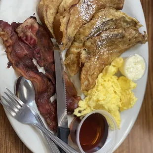 French toast, bacon, scrambled eggs