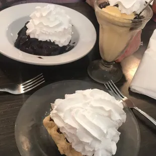 Pumpkin pie, ice cream, and hot fudge chocolate cake.