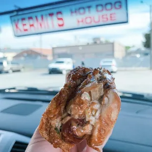 a hand holding a hot dog