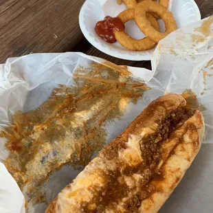 Two classic dogs and onion rings