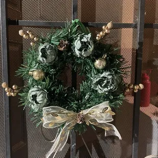 Wreath created at the Lamont library during an adult crafting activity