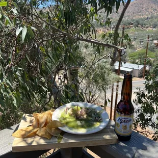 Agua chiles shrimp enjoying it with a cold brew