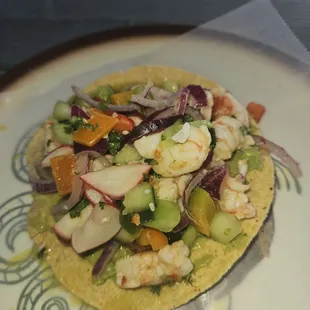 Tostada de camaron! Look how fresh! All vegetables they get are organic!