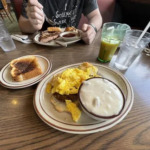 Biscuits &amp; Gravy with scrambled eggs &amp; sausage.
