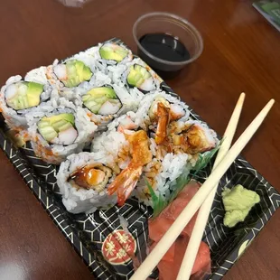 Shrimp tempura roll, California roll