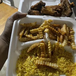 Burnt chicken, cold fries and rice