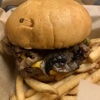 Philly Cheeseburger with fries