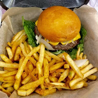 High Roller Burger with fries
