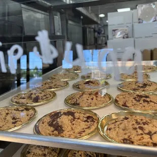 trays of chocolate chip cookies