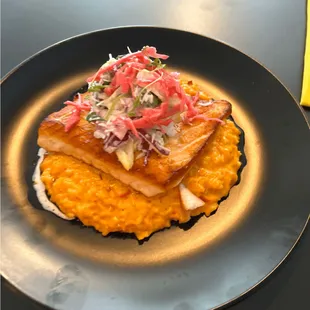 Faroe Island Salmon - Smoked Chile Risotto, Coconut, Endive, Pickled Red Cabbage, Watermelon Radish