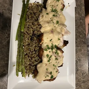 chicken, rice, and asparagus