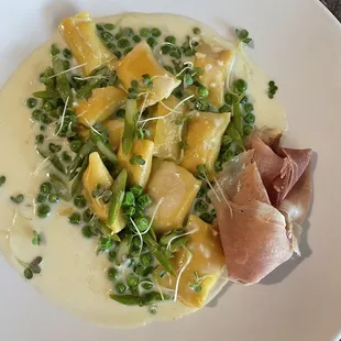 Thursday special: house made lemon ricotta agnolotti with fresh peas and prosciutto.  Delicious.