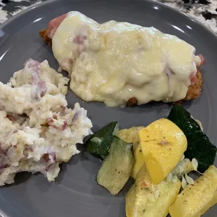 Chicken Cordon Bleu with mashed potatoes and sautéed zucchini meal from Kettle Range. Delicious!