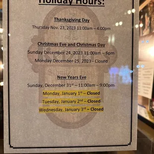 Holiday hours posted as of 11/25/2023