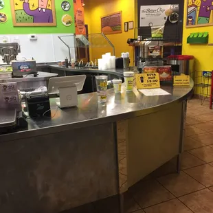 a stainless steel counter in a restaurant