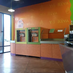 Frozen yogurt bar and toppings bar. Usually has 3 yogurts and one Sorbet.