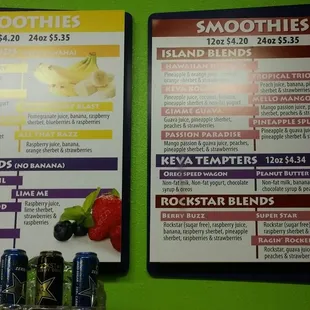 a menu for smoothies