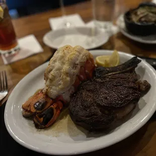 Dry aged ribeye, full lobster tail