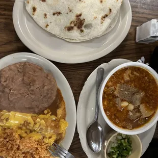 Cheese enchilada, menudo &amp; barbacoa taco