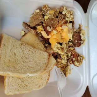 a breakfast of eggs and toast