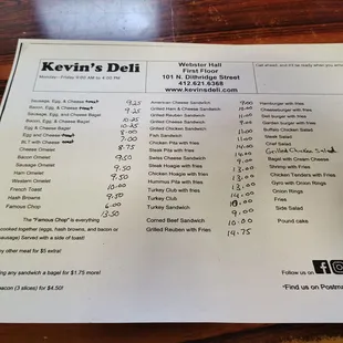 the menu for the deli