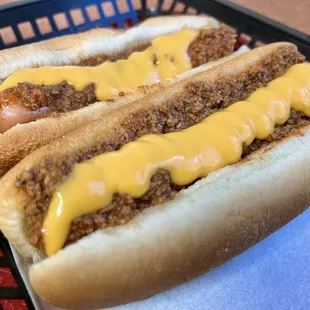 two chili dogs in a basket