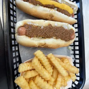 Norfolk dogs all the way, one with cheese and a side of fries