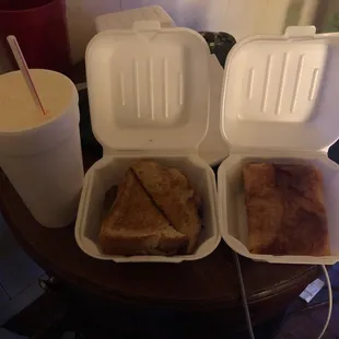 Patty melt, pizza puff, Vanilla milkshake